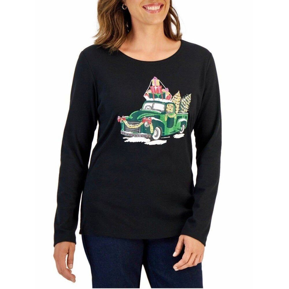 Karen Scott ugly t-shirt size M,L long sleeves  black crew neck Graphic Tee